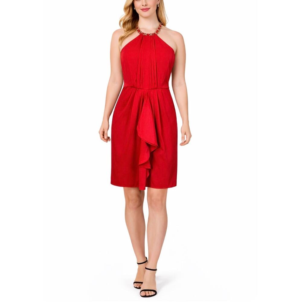 BCBGMAXAZRIA Chain Halter Ruffled Mini Shift Cocktail Dress Colorful Red Size 4
